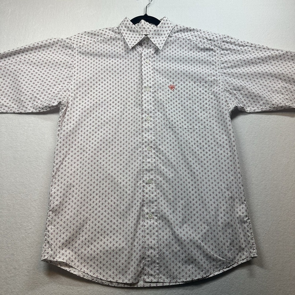 Ariat Mens LS Shirt Destin White Purple Triangle Print Button Up Logo Neck M